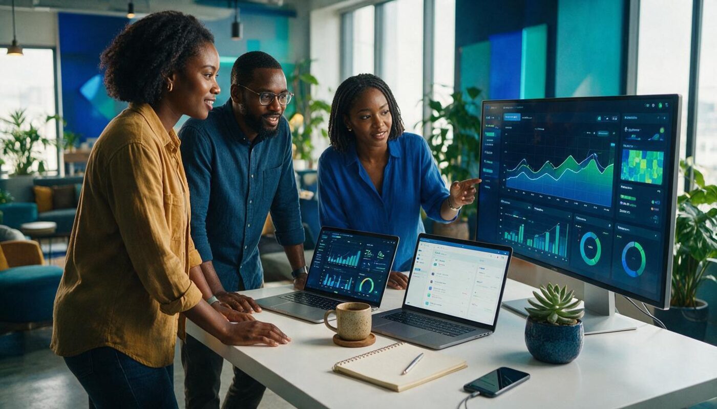 AdroitEdge Media team collaborating in a modern Lagos office