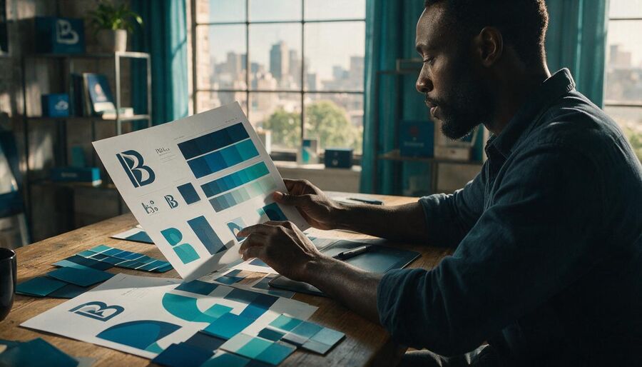 Brand designer reviewing identity boards and color swatches